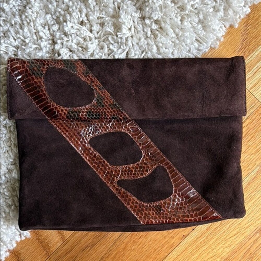 Vintage Ruth Saltz Brown Suede Leather Envelope Clutch Purse Handbag